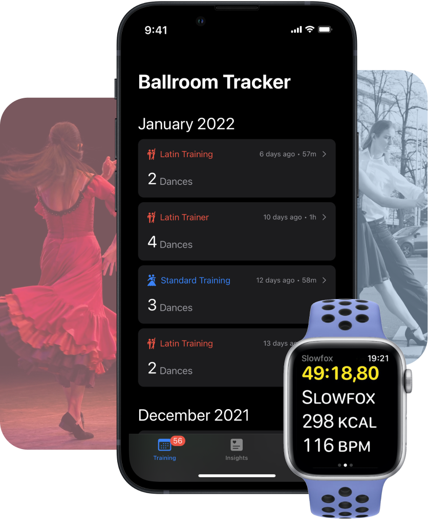Screenshot of the Ballroom Tracker iOS App and the Watch App.
